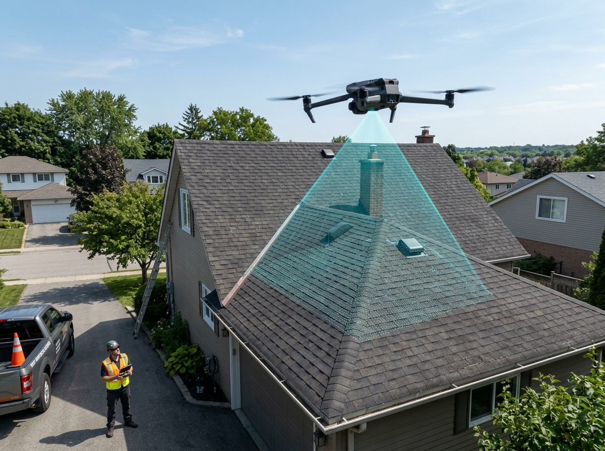 Drone conducting drone roof inspections over a residential roof for SkyyTask