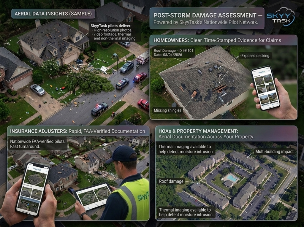 post-storm damage assessment aerial drone photo of roof damage