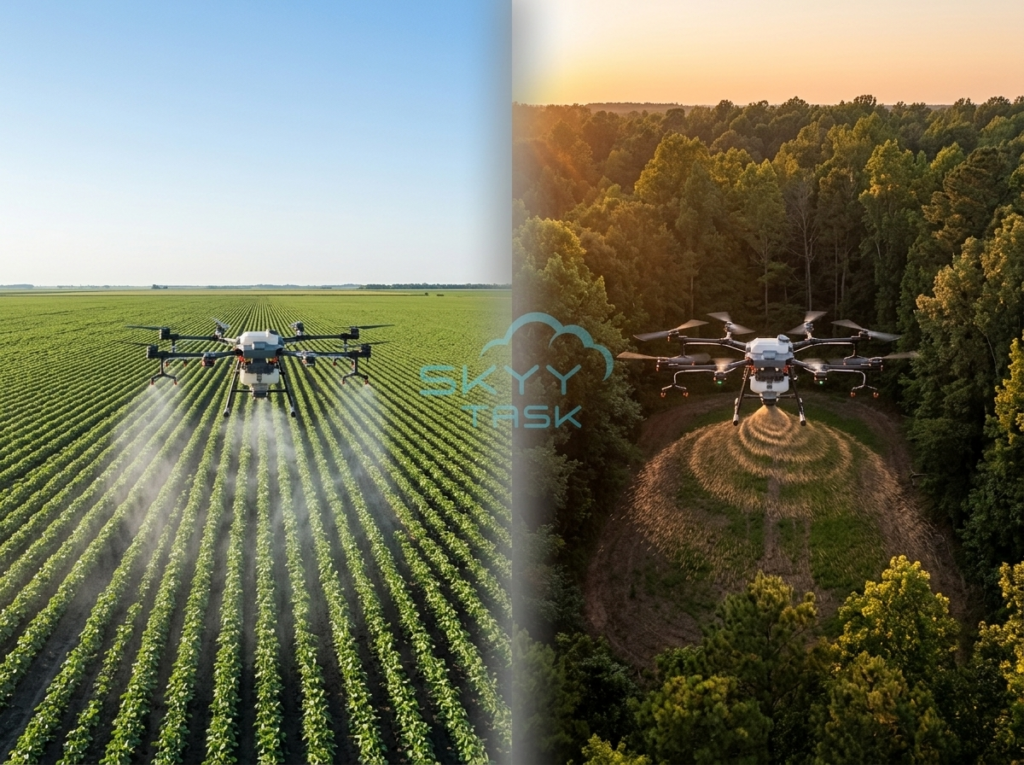 Drone ag services split screen spraying and food plot seeding.