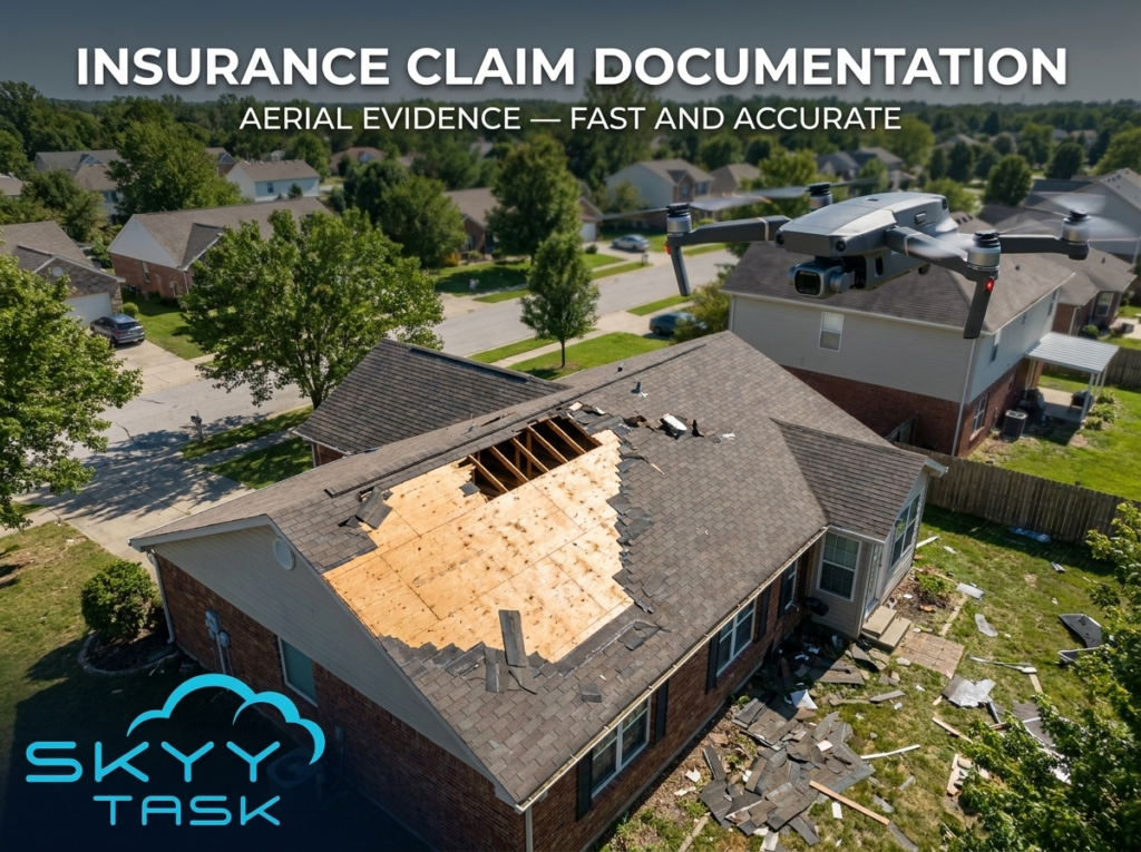 insurance claim documentation aerial drone photo of storm damaged roof