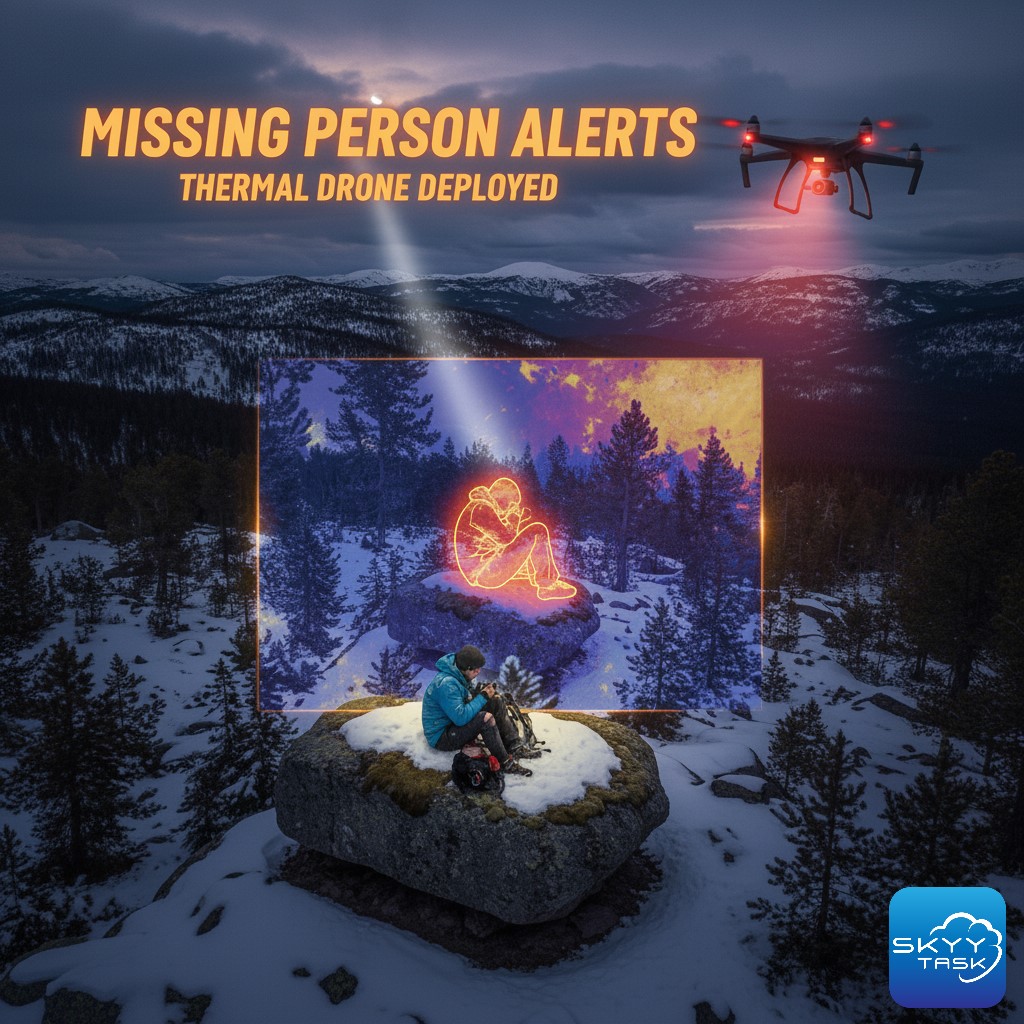 Drone search and rescue pilot scanning terrain