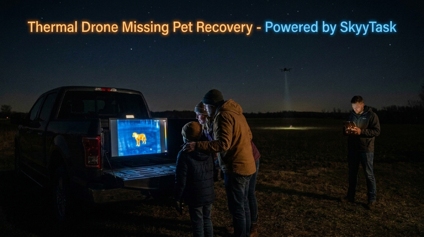 Thermal drone missing pet recovery search at night, powered by SkyyTask