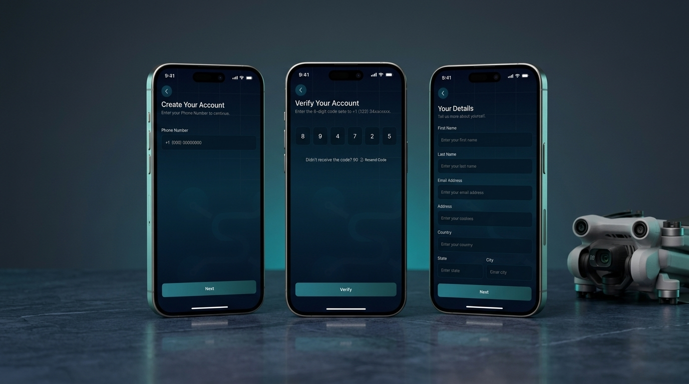 SkyyTask V2 coming soon, app preview on three iPhones next to a drone