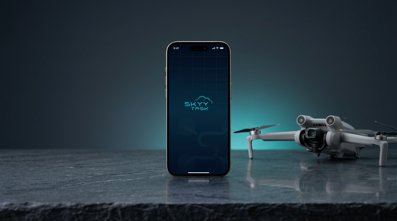 SkyyTask V2 coming soon, app preview on an iPhone next to a drone